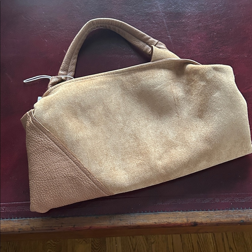 Brown Suede Pebbled Leather Tote Bag Shoulder Bag Animal Friendly NWOT - Picture 13 of 16